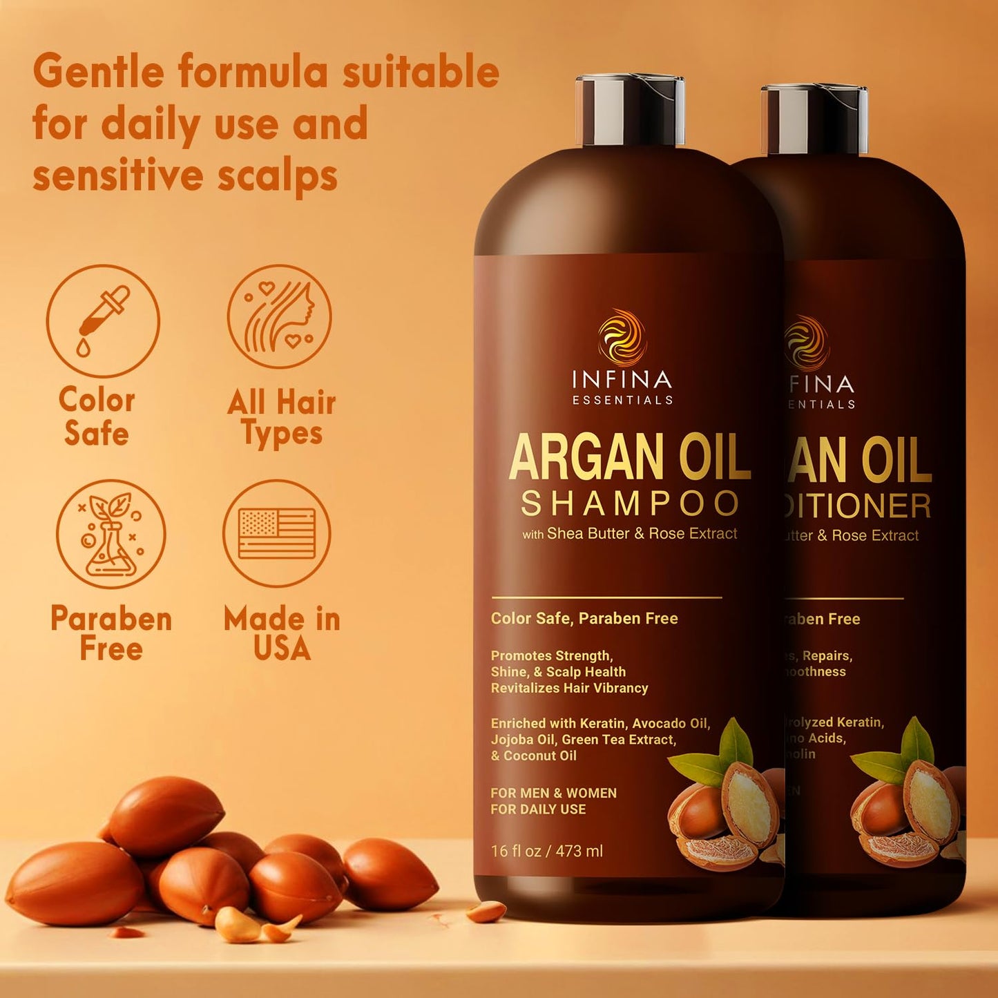 Argan Oil Shampoo and Conditioner Set for Men and Women - Hydrating and Nourishing Sulfate Free Shampoo Conditioner Set for All Hair Types - Hydrating and Nourishing Daily Hair Care - 16 fl oz Each
