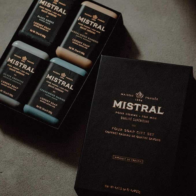 Mistral Men’s Luxury Bar Soap for Men | Gift Set (4 x 8.8 oz) – Grey Lavande, Cedarwood Marine, Teak Wood, Black Amber | Moisturizing, Triple-Milled Natural Soap for Men - Made in France