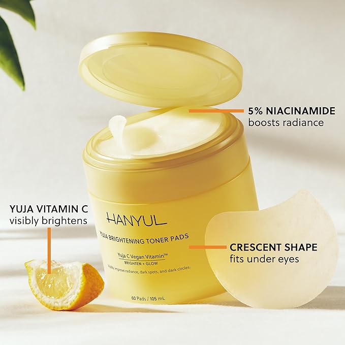 HANYUL Yuja Toner Pads | Korean Yuzu with Vitamin C & 5% Niacinamide to Visibly Brighten Dark Circles, Dark Spots, Even Tone, Glow Boosting for Face & Undereyes, 60 Sheets