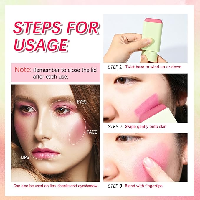 Cream Red Blush Stick,Multi-Use Makeup Milk Blush Stick,Long