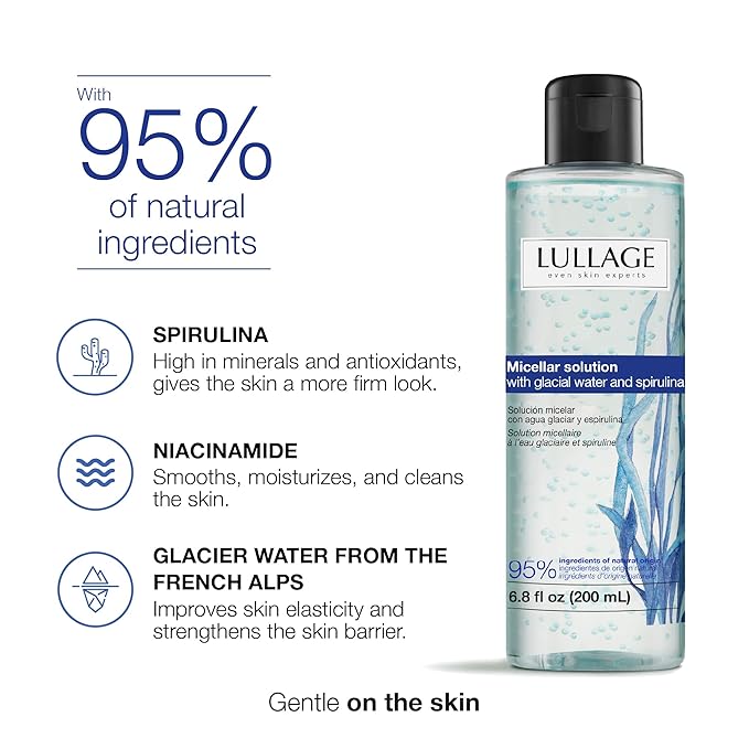 LULLAGE Micellar Water Makeup Remover – Cleanser with Niacinamide, Spirulina & Glacier Water Solution for All Skin Types | Removes Waterproof Makeup | 6.8 Fl Oz