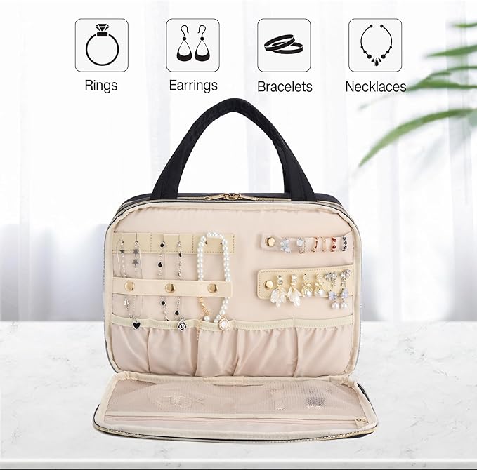 Hanke Hanging Travel Toiletry Bag for Women with Jewelry Organizer Compartment, Travel Essentials Toiletries and Makeup Bag, Water-Resistant & Stain-Resistant with Trolley Strap (Black)