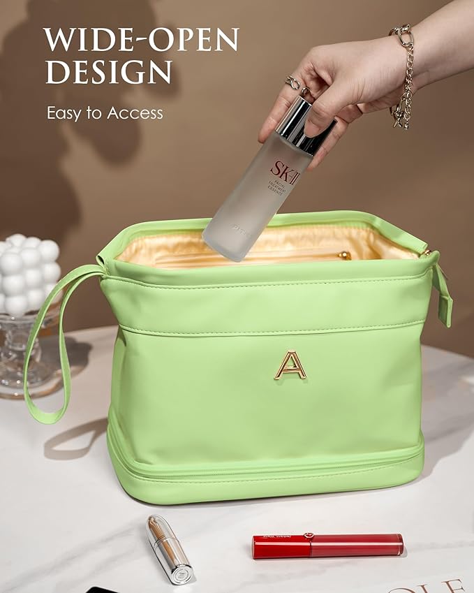 Cool Gifts for College Girl, Initial Large Makeup Bag, Bride To Be Gifts, Double Layer Cosmetic Bag, Waterproof PU Travel Toiletry Bag for Bachelorette Party Women Wedding Bridal, Bride Gifts