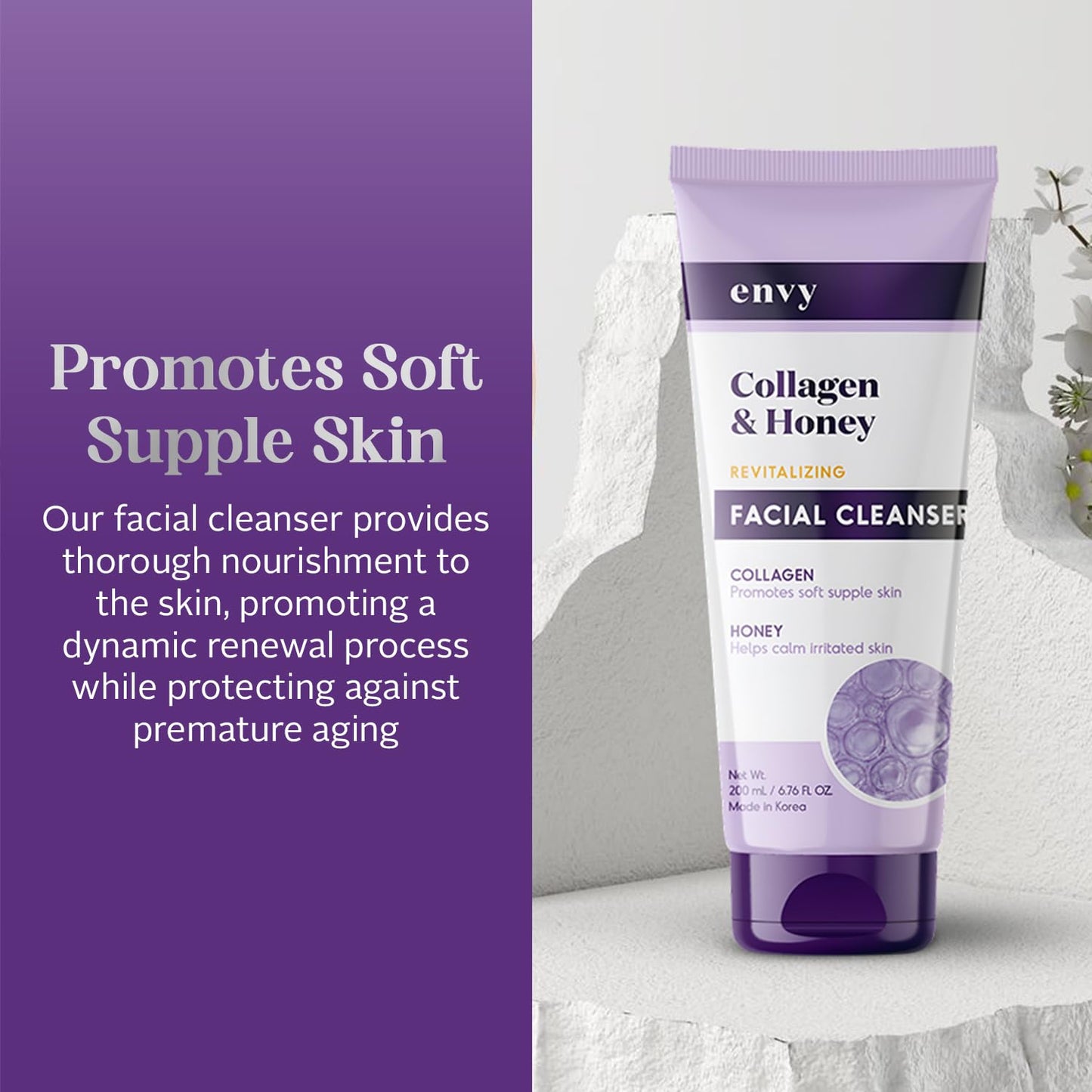 Envy Facial Cleanser with Collagen & Honey - Reduces Fine Lines, Wrinkles & Hydrates Skin - Clean, Cruelty-Free Korean Skin Care for All Skin Types - Dermatologist Tested - 6.76 oz