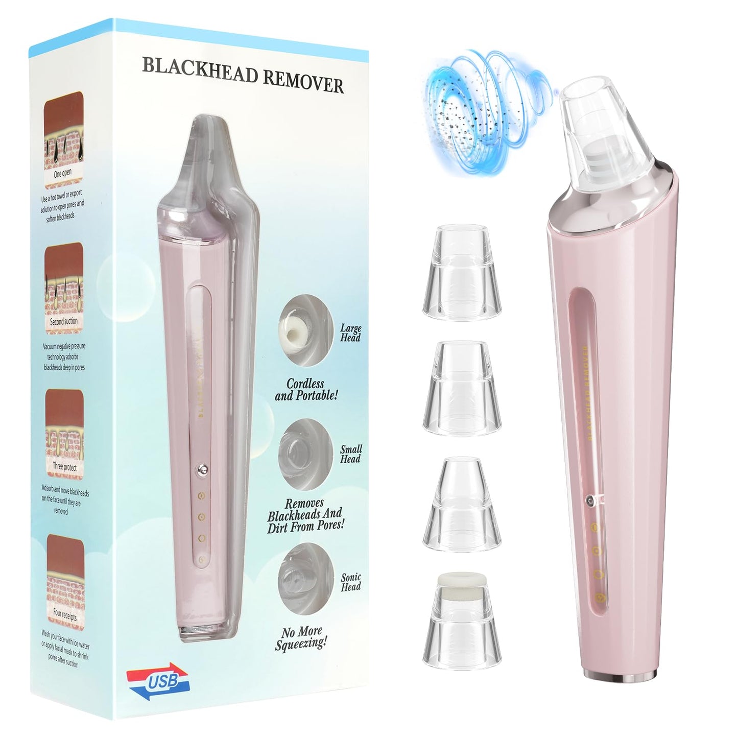 Blackhead Remover Pore Vacuum, Face Cleaner Extractor, 4 Suction Heads & 3 Adjustable Modes, USB Charging Interface, Blackhead Vacuum Kit for Women&Men(Pink)