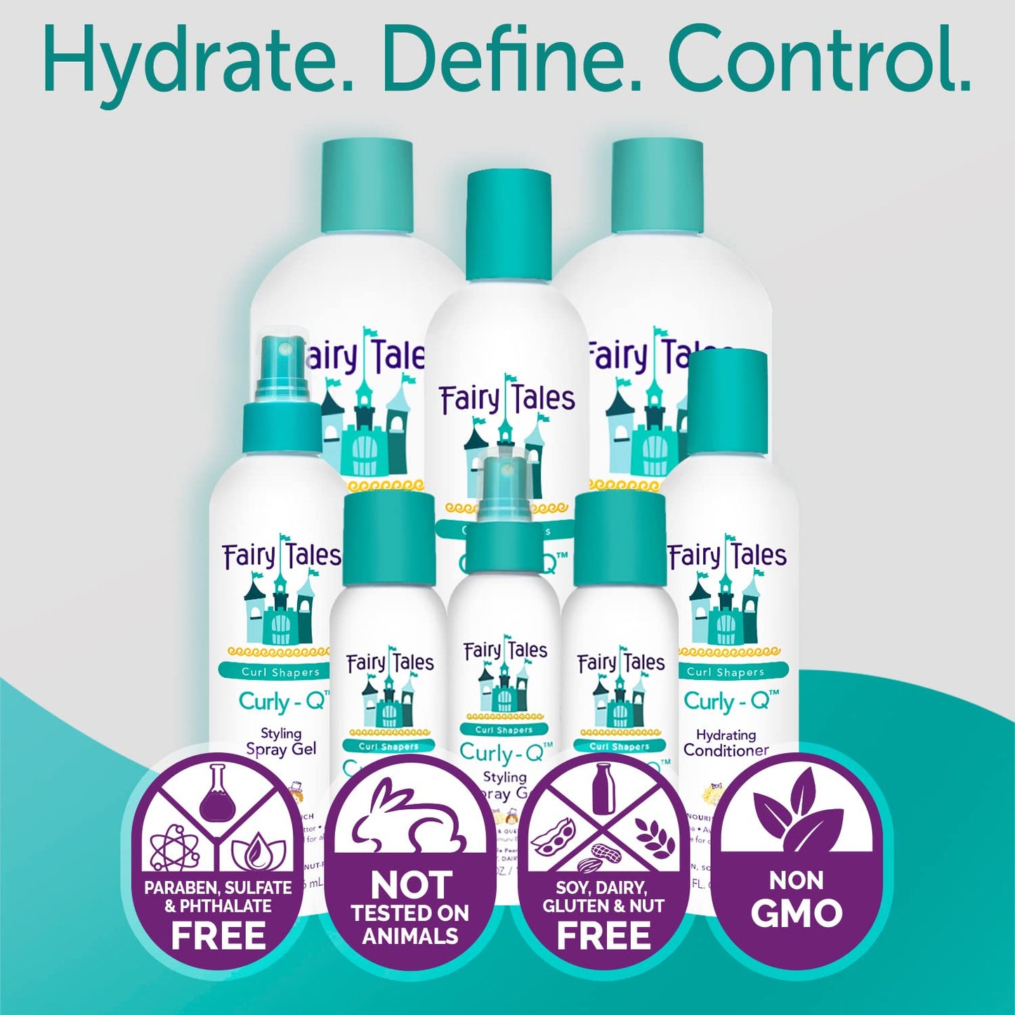 Fairy Tales Curly Q Daily Hydrating Shampoo, Conditioner, Spray for Normal, Damaged, Curly, Color Treated, All Hair - Hydrating Kids Travel Kit with Murumuru butter, Aloe, Rosemary - 3.3oz (Pack of 3)