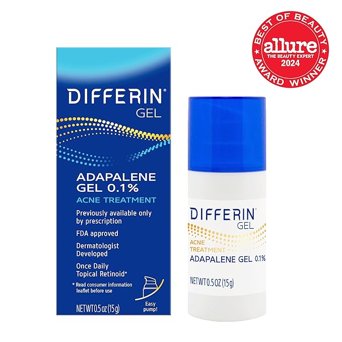Differin Acne Treatment Gel, 30 Day Supply, Retinoid Treatment for Face with 0.1% Adapalene, Gentle Skin Care for Acne Prone Sensitive Skin, 15g Pump (Packaging May Vary)