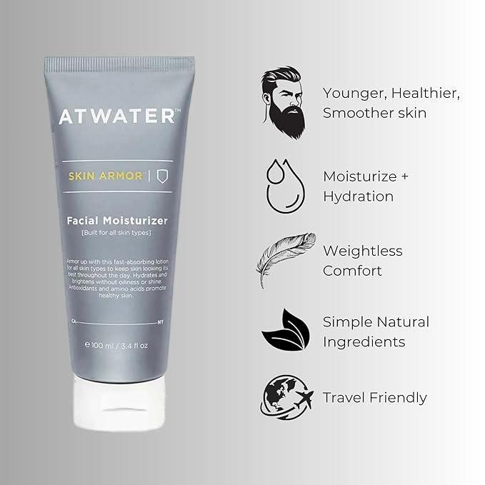 ATWATER Skin Armor Men's Face Moisturizer, Hydrating Anti-Aging Formula with Niacinamide and Licorice Root for All Skin Types - 3.4 oz (2-Pack)