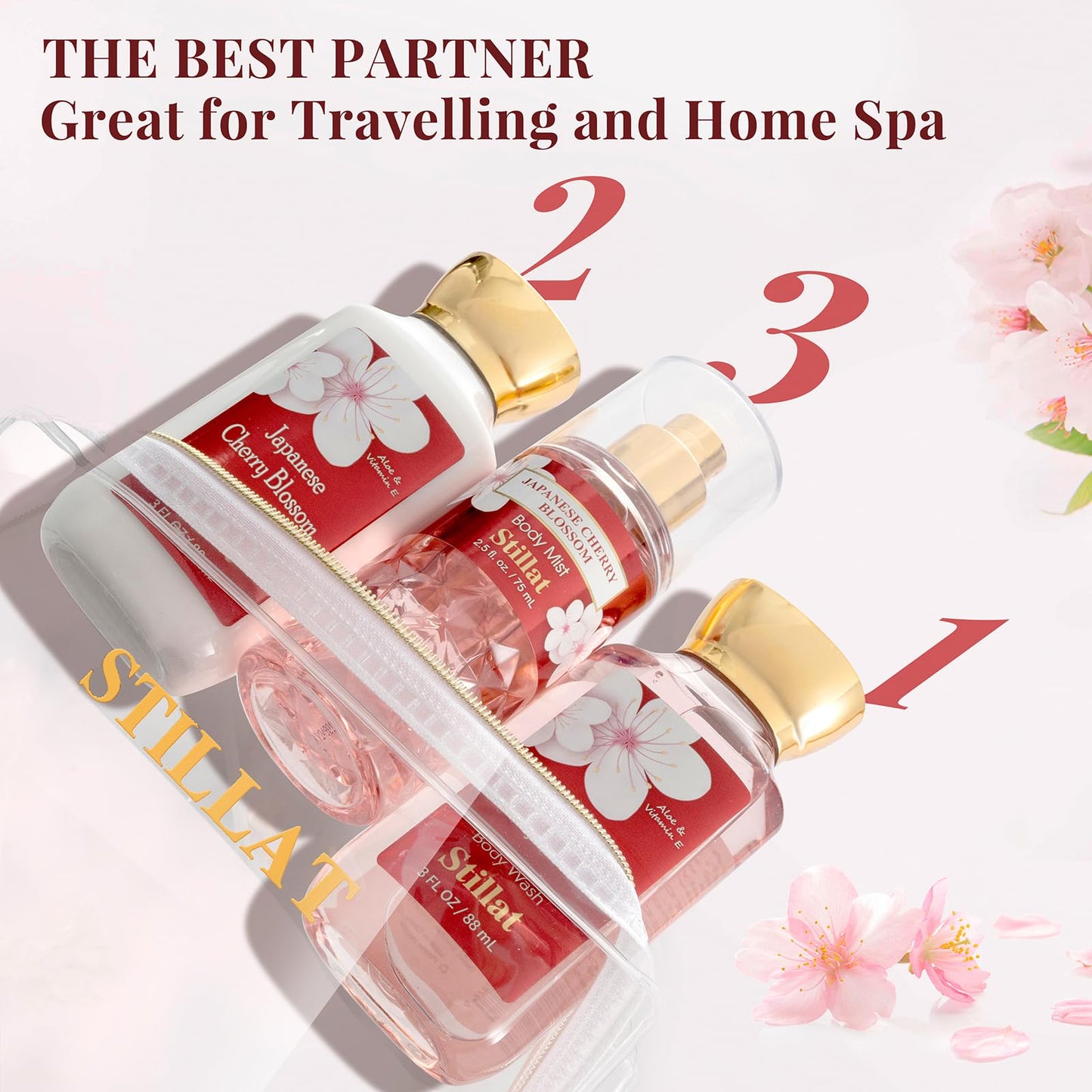 Bath and Body Sets for Her, Japanese Cherry Blossom Scented Spa Daily Care for Women, Including Body Wash, Body Lotion and Fragrance Mist, Idea Gift for Birthday Valentine's Day Christmas New Year