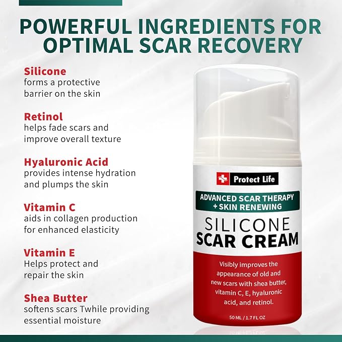 Protect Life Silicone Scar Cream for Surgical Scars, Injury & Keloid Scar Treatment, Moisturizing Scar Removal Cream, Rejuvenating Silicone Scar Gel