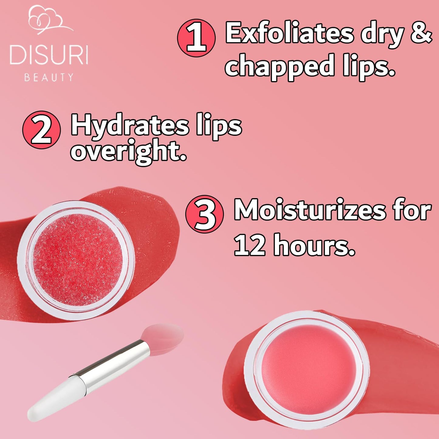 DISURI Beauty Lip Mask and Lip Scrub Set - Moisturizing Lip Scrub for Exfoliating and Smoothing Lips, Cruelty-free - Improves Texture, Hydrates, and Softens Chapped, Dark Lips Skin - (Strawberry)