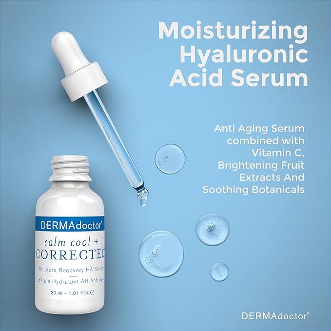 DERMAdoctor Calm Cool + Corrected Dermatologist Formulated Moisture Recovery Hyaluronic Acid Serum with Vitamin C & Niacinamide; Hydrating & Brightening Anti Aging Serum for Sensitive Skin - 1 fl oz