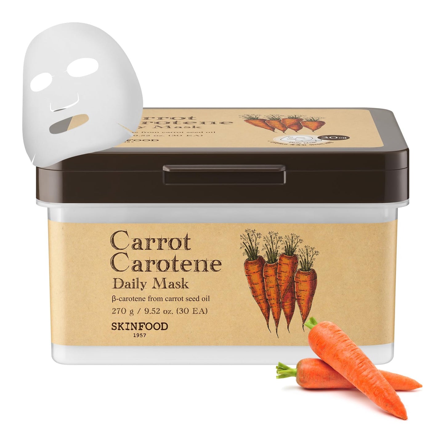 SKINFOOD Carrot Carotene Daily Sheet Mask, Korean Skincare Hack, 5-Minute Quick Hydrating, Soothing & Moisturizing Face Mask for Dry Skin, Glass Skin, Bulk Pack (30EA)