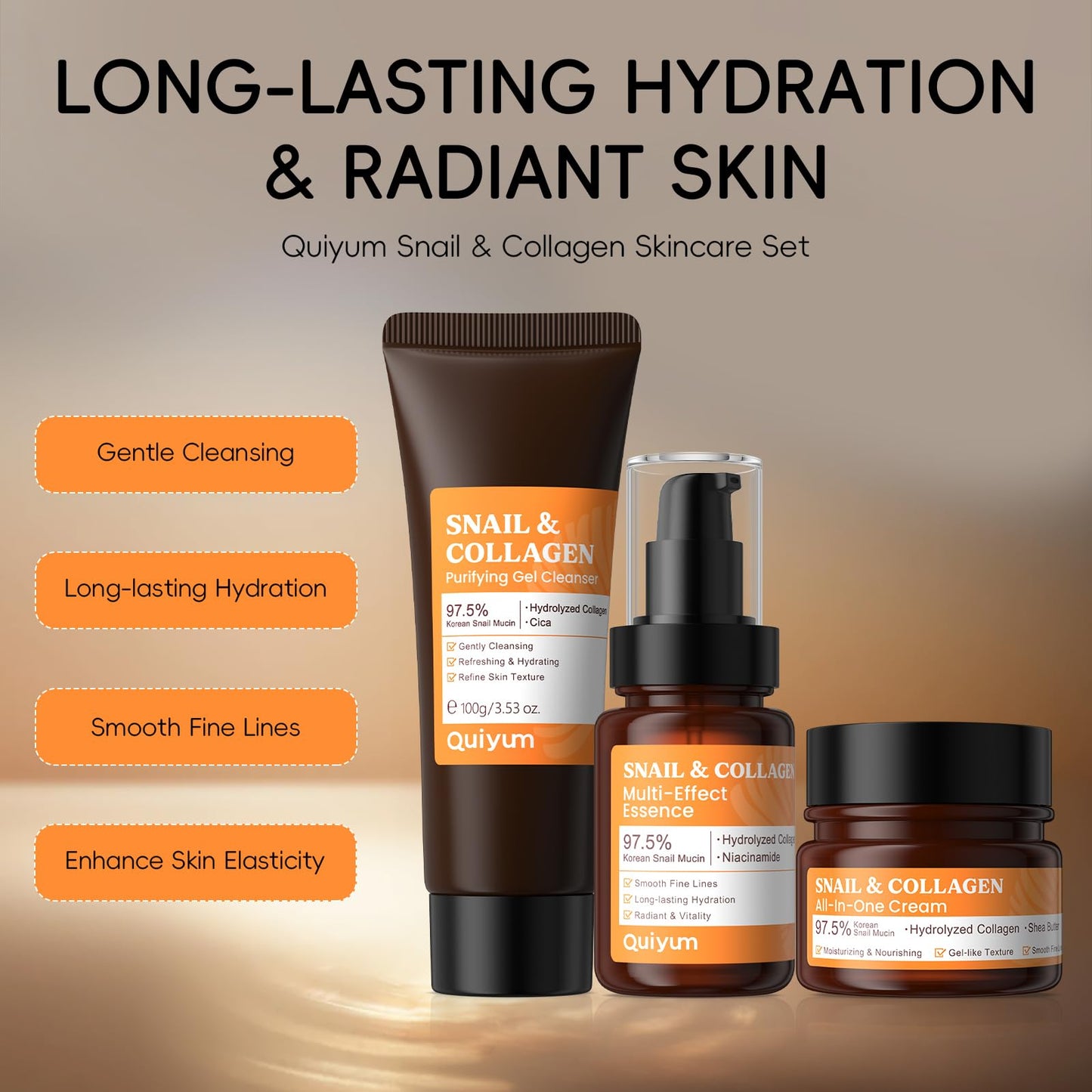 Skin Care Sets, Snail Mucin Skincare 3PCS, 97.5% Pure Snail Slime Extract Moisturizer, Serum, Face Wash Cleanser, for Moisturizing Repairing, Skin Care Routine Kit for Women, Gifts Sets