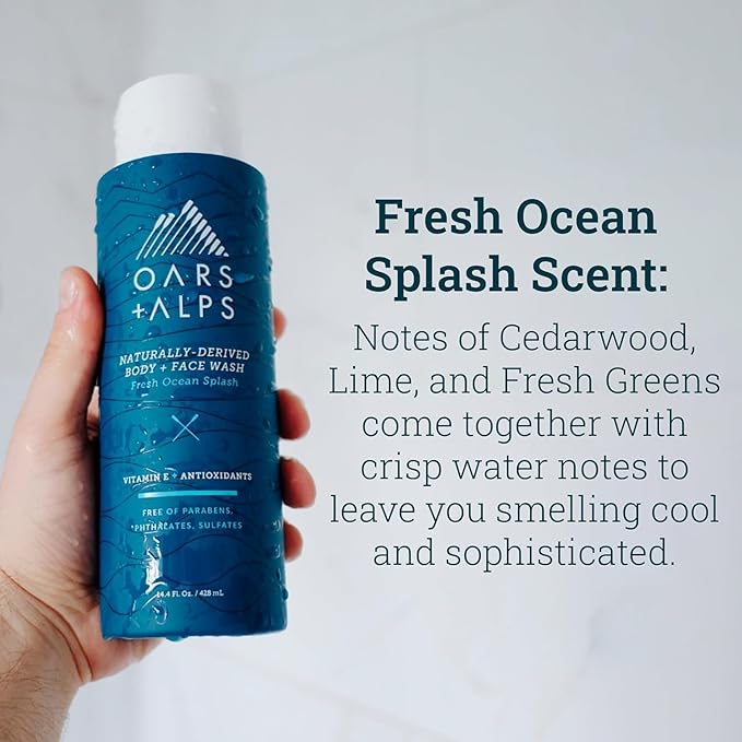 Oars + Alps Mens Moisturizing Body and Face Wash, Skin Care Infused with Vitamin E and Antioxidants, Sulfate Free, Fresh Ocean Splash, Travel Size 3.4oz, 2 Pack
