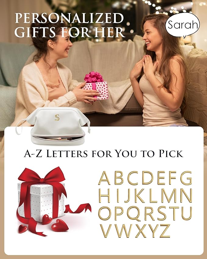 Bridal Shower Gifts, Cosmetic Bags for Women, Initial Makeup Bag, Women Gifts,Beach Bag Essentials Cosmetic Bag with Makeup Brush Organizer, Toiletry Bag Mothers Gifts