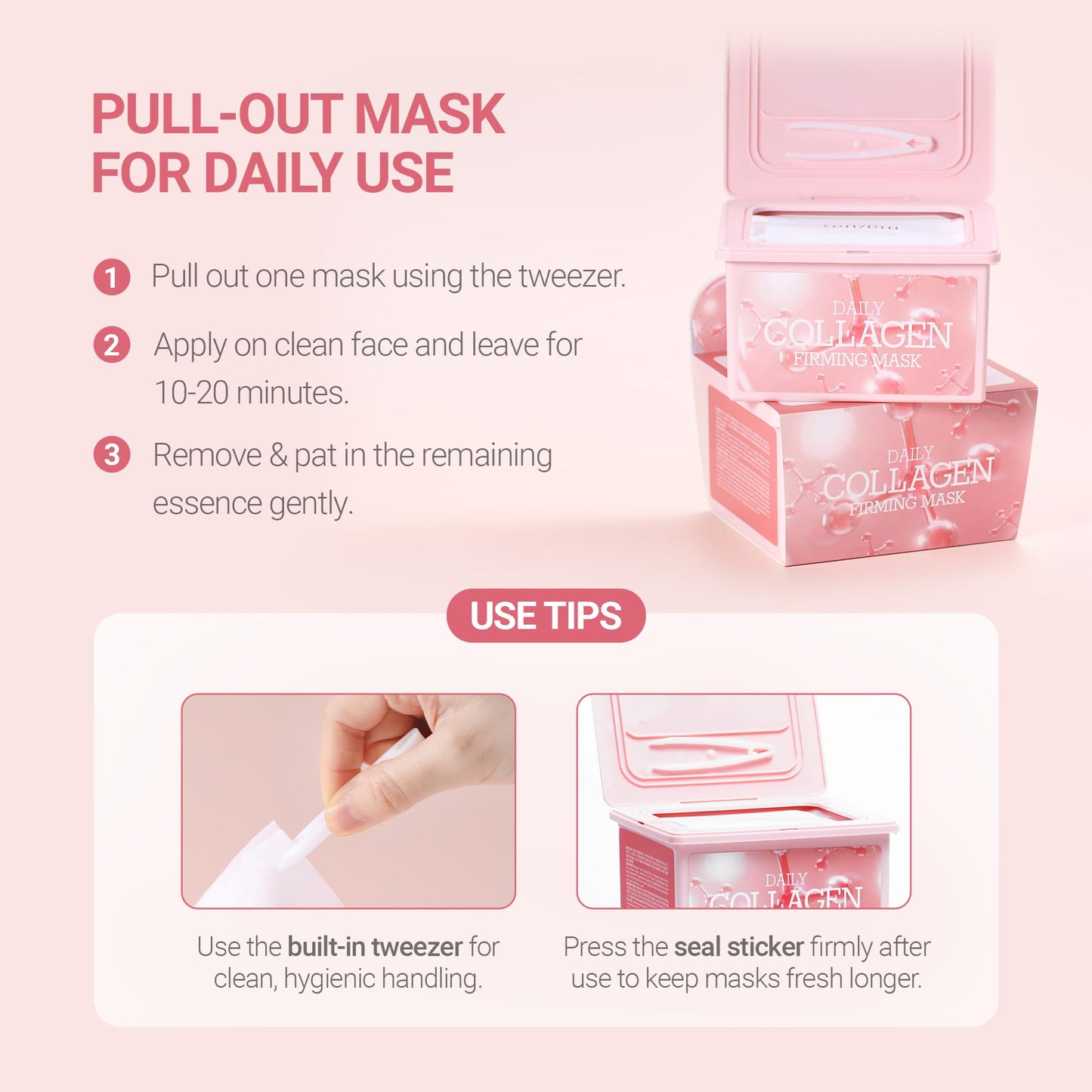 tenzero Daily Collagen Firming Mask, Hydrating & Firming Facial Mask, Skin Elasticity Enhancement with Collagen and Microbiome, Plant-based Cellulose Mask, For Daily Use, Korean Skincare, 30 Sheets