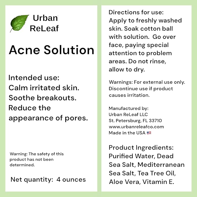 Urban ReLeaf Acne Solution Facial Toner! Sea Salt & Tea Tree. Soothe Skin, Calm breakouts. 4 oz. Gentle Effective. 100% Natural & Soothing. Reduce The Appearance of pores.