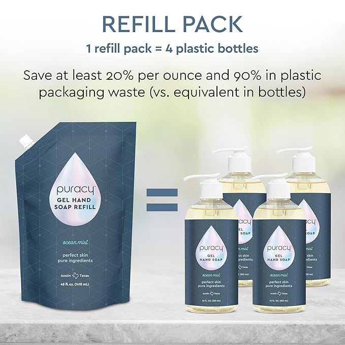 Puracy Gel Hand Soap - Perfect Skin, Pure Ingredients - with 15+ SuperPlant Ingredients for Clean, Soft, Smooth Skin, 99.09% from Mother Nature, Gently Scented Hand Wash, Ocean Mist, 12 Ounce (2-Pack)