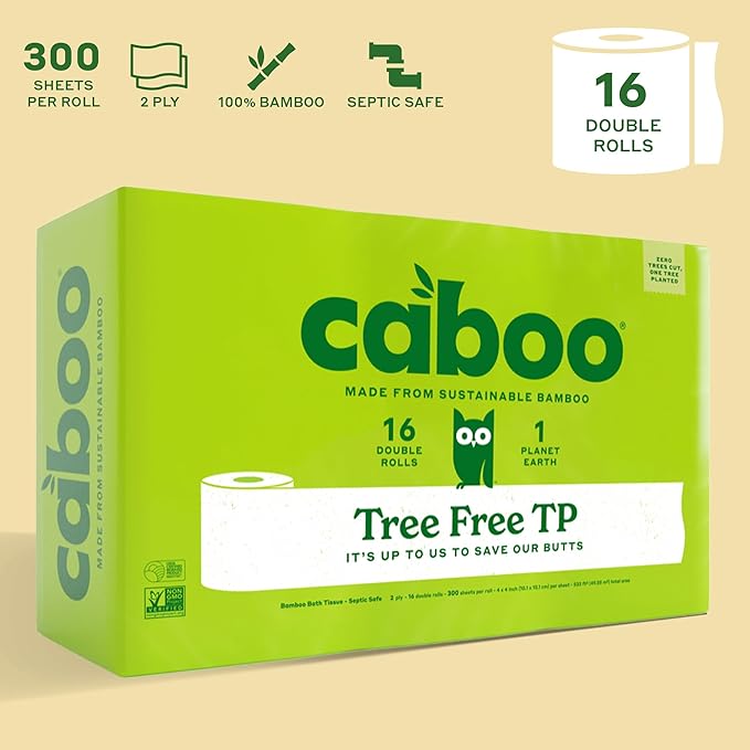 Caboo Tree Free Toilet Paper, Septic Safe Bath Tissue, Soft 2 Ply Sheets, 300 Sheets Per Roll, 16 Double Rolls