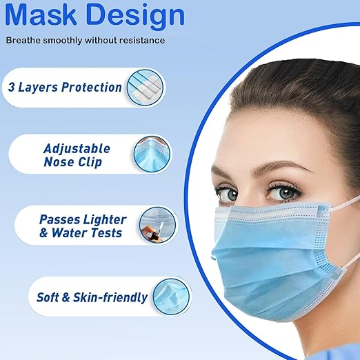 Borje Blue Disposable Face Mask 100 Pcs Blue Face Masks 3 Ply Protection Masks