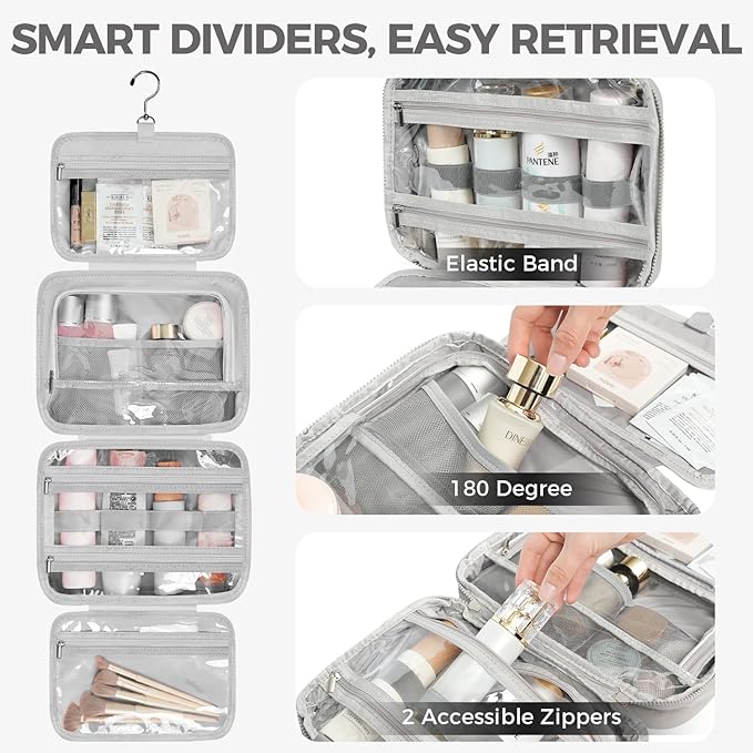 Toiletry Bag For women,Portable Hanging Organizer,4 Leakproof Compartment for full-sized Conditioner, Brushes Set, Makeup Accessories,Visible and easy to access.M-grey
