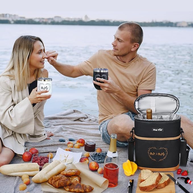 Hap Tim Wedding Gifts for Couples, Bridal Shower Gifts, Engagement Gifts for Newlyweds, Mr and Mrs gifts - Wine Cooler Bag Insulated Wine Carrier Tote with Tumblers, Bamboo Cheese Borad