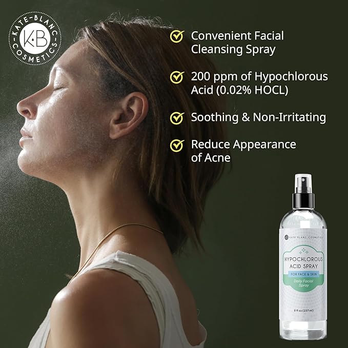 Kate Blanc Cosmetics Hypochlorous Acid Spray for Face and Skin. Gentle Facial Cleanser for Acne-Prone & Sensitive Skin with .02% HOCl (8oz)