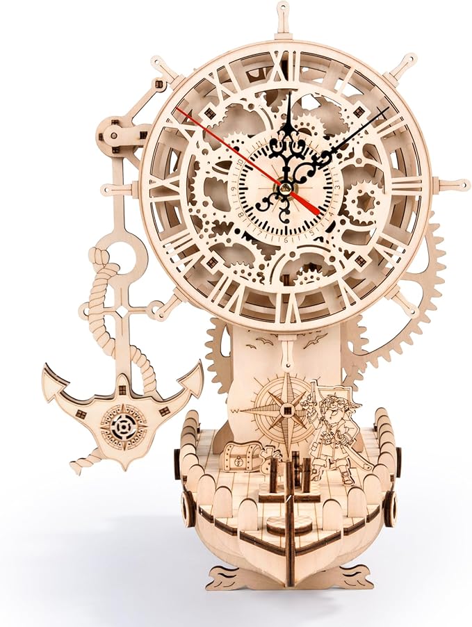 3D Wooden Puzzle Mechanical Clock – Pirate Ship DIY Model Kit for Adults & Teens, Build-Your-Own Wood Craft, Working Clock, Unique Gift & Nautical Home Decor