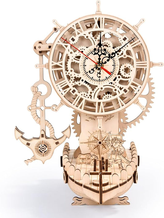 3D Wooden Puzzle Mechanical Clock – Pirate Ship DIY Model Kit for Adults & Teens, Build-Your-Own Wood Craft, Working Clock, Unique Gift & Nautical Home Decor