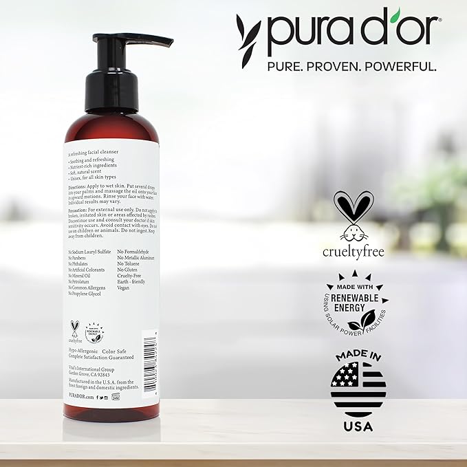 PURA D'OR Facial Cleansing Oil (8 Oz x2 = 16 Oz) Nourishing Botanical Blend with & Vitamin, Jojoba and Sunflower Oil - Gentle Makeup Remover & Deep Cleanser For Healthy, Glowing Skin - Paraben-Free