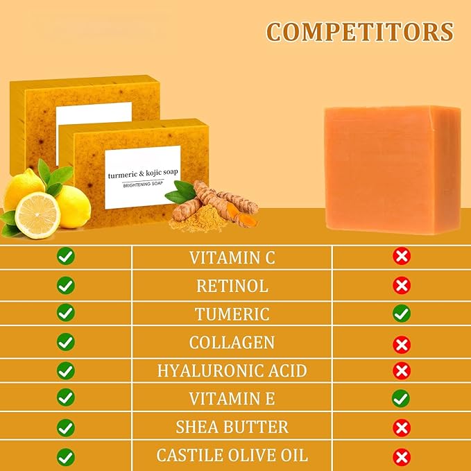 Turmeric Soap for Spots Remover - Honey Lemon Turmeric Kojic Soap Bar for Face and Body, Organic Daily Use Skin Care Soaps, Evens Skin Tone Deep Cleansing Moisturizing (3pcs)