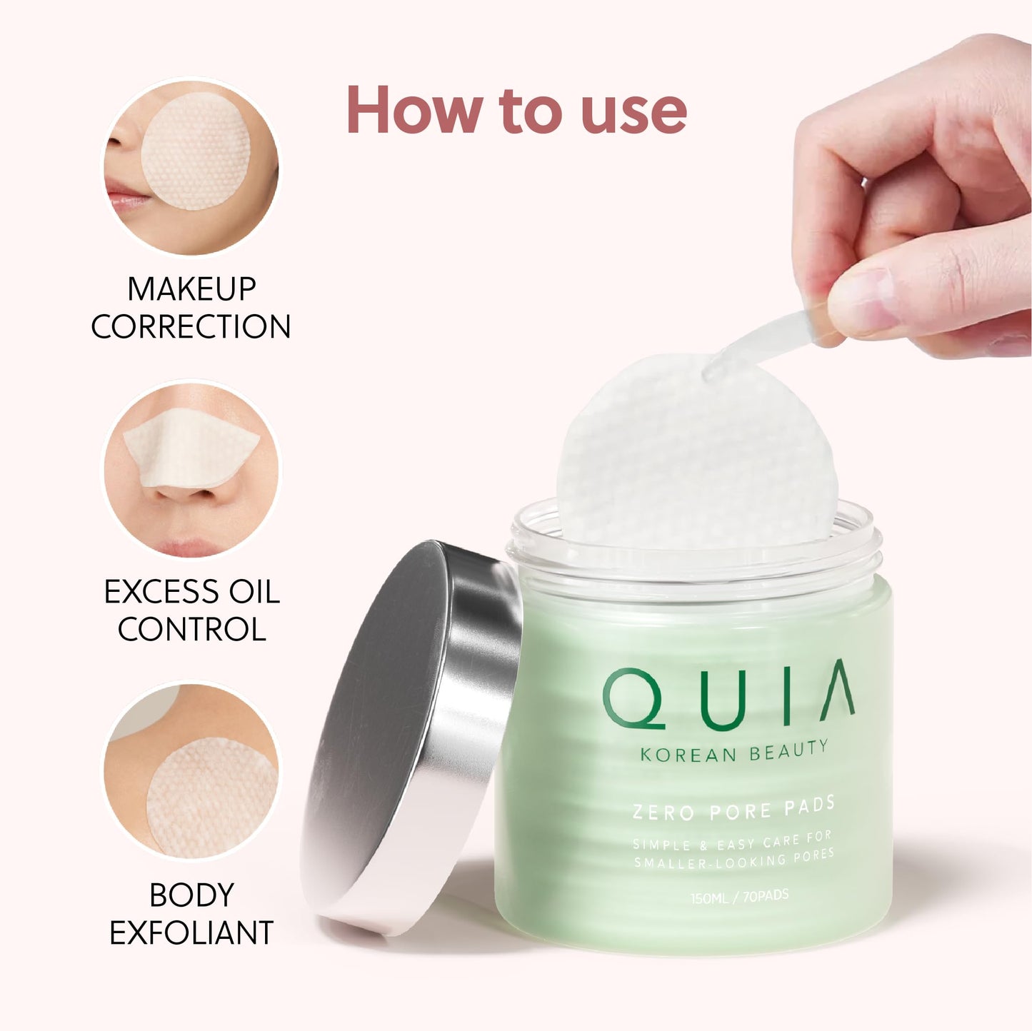 QUIA Dual-Action Toner Pads – Exfoliate and Hydrate Pores in One Step – Soothing PHA Formula for Sensitive Skin – Reduces Blackheads and Blemishes- 70 Textured Pads – Korean Skincare