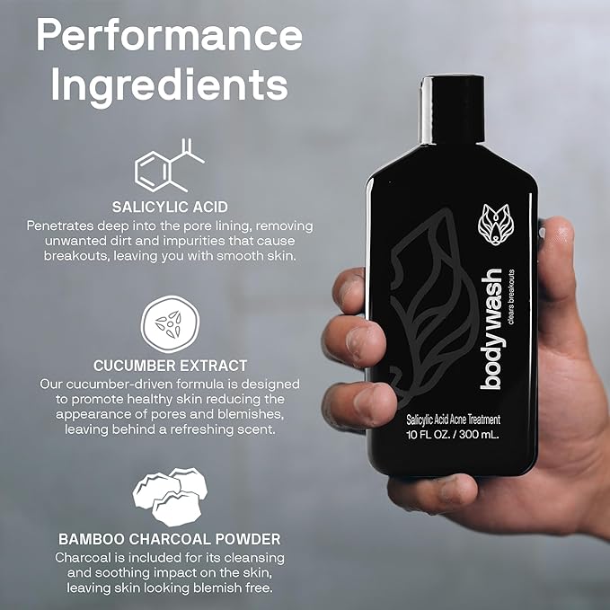 Black Wolf Salicylic Acid Body Wash for Men - Acne Body Wash - Charcoal Helps Reduce Acne Breakouts & Cleanse Your Skin - Full Coverage & Deep Clean Treatment - Men's Bodywash, 10 Fl Oz