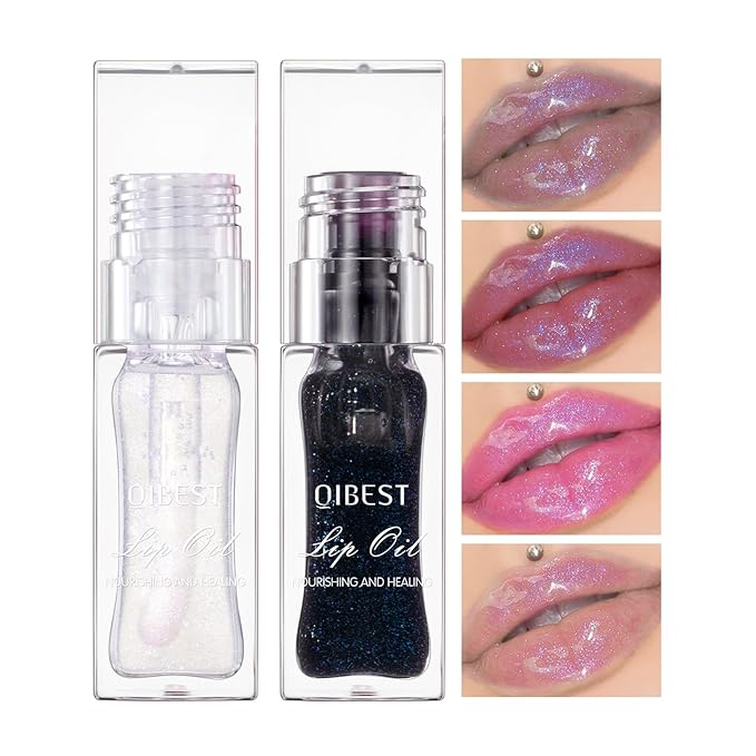 Magic Color Changing Lip Oil, 2024 New(Transparent+Black)Glitter Moisturizing Lip