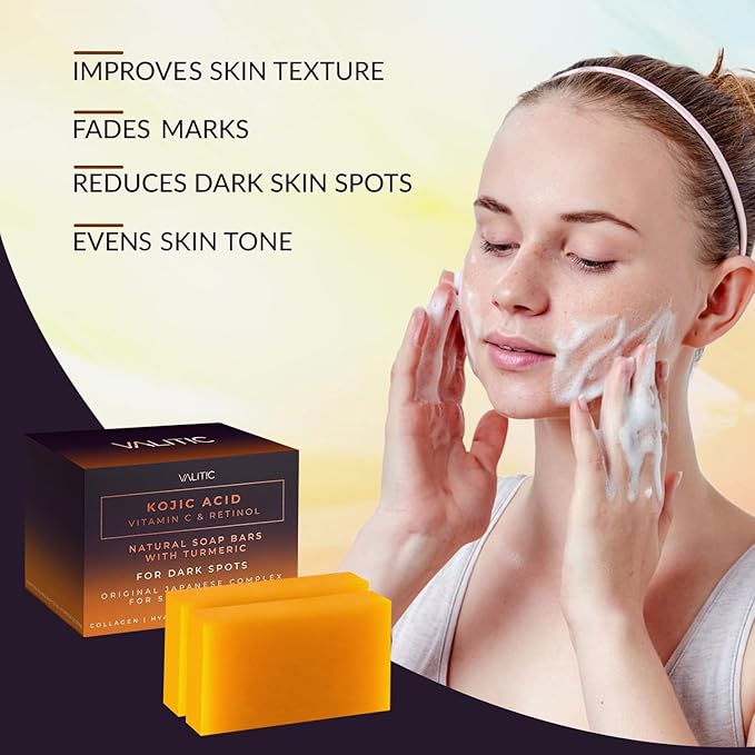 VALITIC 2 Pack Kojic Acid Vitamin C & Retinol Soap Bars for Dark Spot & A Pair of Turquoise Exfoliating Gloves for Body Scrubs