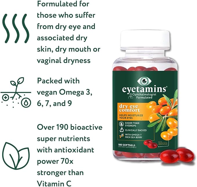Dry Eye Comfort - 180 Softgels - Ophthalmologist - Formulated, Natural - Himalayan Sea Buckthorn Oil - Vegan and Non-GMO Formula