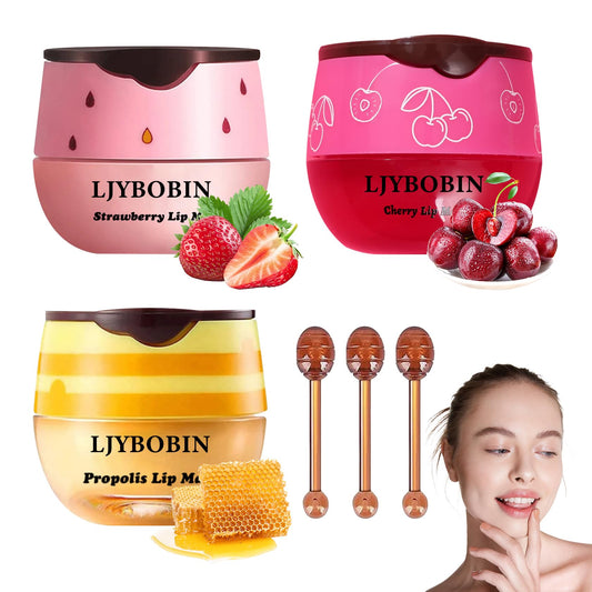 3PCS Bee Lip Balm Honey Pot with Brush,Day and Night Hydrating Sleeping Lip Mask,Honey & Strawberry & Cherries Gentle Tinted Lip Balm,Non-Greasy Lip Scrubs Exfoliator Moisturizer