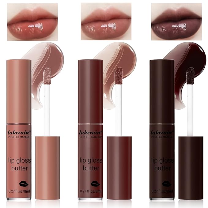 3 Colors Lip Butter Gloss, Hydrating Lip Glow Oil Lip Glaze, Brown Sugar Nourishing Lip Tinted Gloss Lip Care, Non-Sticky Long Lasting Lip Plumper Gloss Makeup (4+11+13)