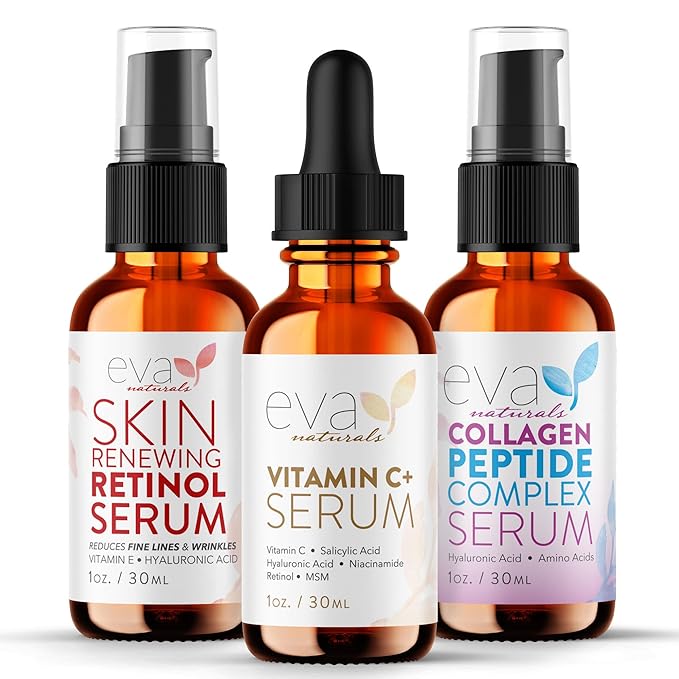 Eva Naturals Trifecta Face Serum Set – Retinol, Vitamin C & Peptides with Hyaluronic Acid & Niacinamide – Anti-Aging Skincare Bundle for Women – Collagen Boosting, Wrinkle & Spot Treatment
