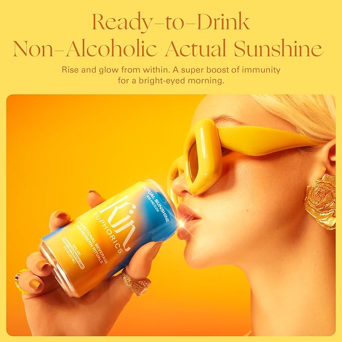 Kin Euphorics Actual Sunshine Non-Alcoholic Functional Beverage | Rise and Glow from Within | Immunity + Beauty Booster | Adaptogens, Nootropics, Collagen | 8 FL Oz, 24PK