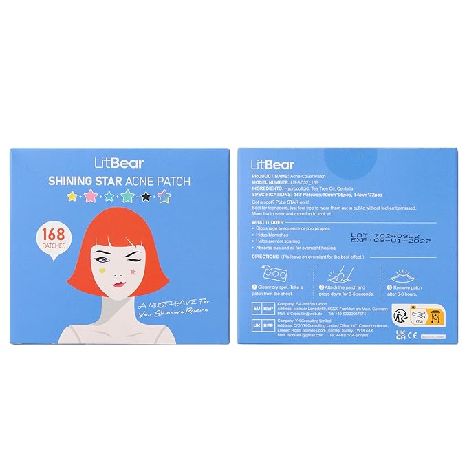 LitBear Acne Pimple Patch, 6 Colors 168 Dots Star Pimple Patches with Tea Tree Oil & Centella Oil, Hydrocolloid Acne Patches for Face Cute Zit Patches Pimple Stickers Acne Dots
