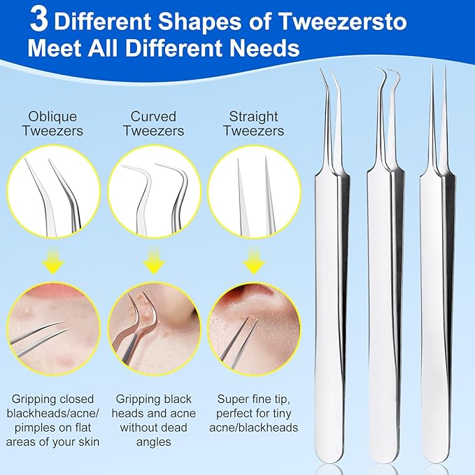 Pimple Popper Tool Kit,10 Pcs Professional Blackhead Remover Comedones Extractor for Easy Removal for Pimples,Blackheads,Zit Removing, Facial and Nose, Acne Removal Kit with Metal Box (Silver)