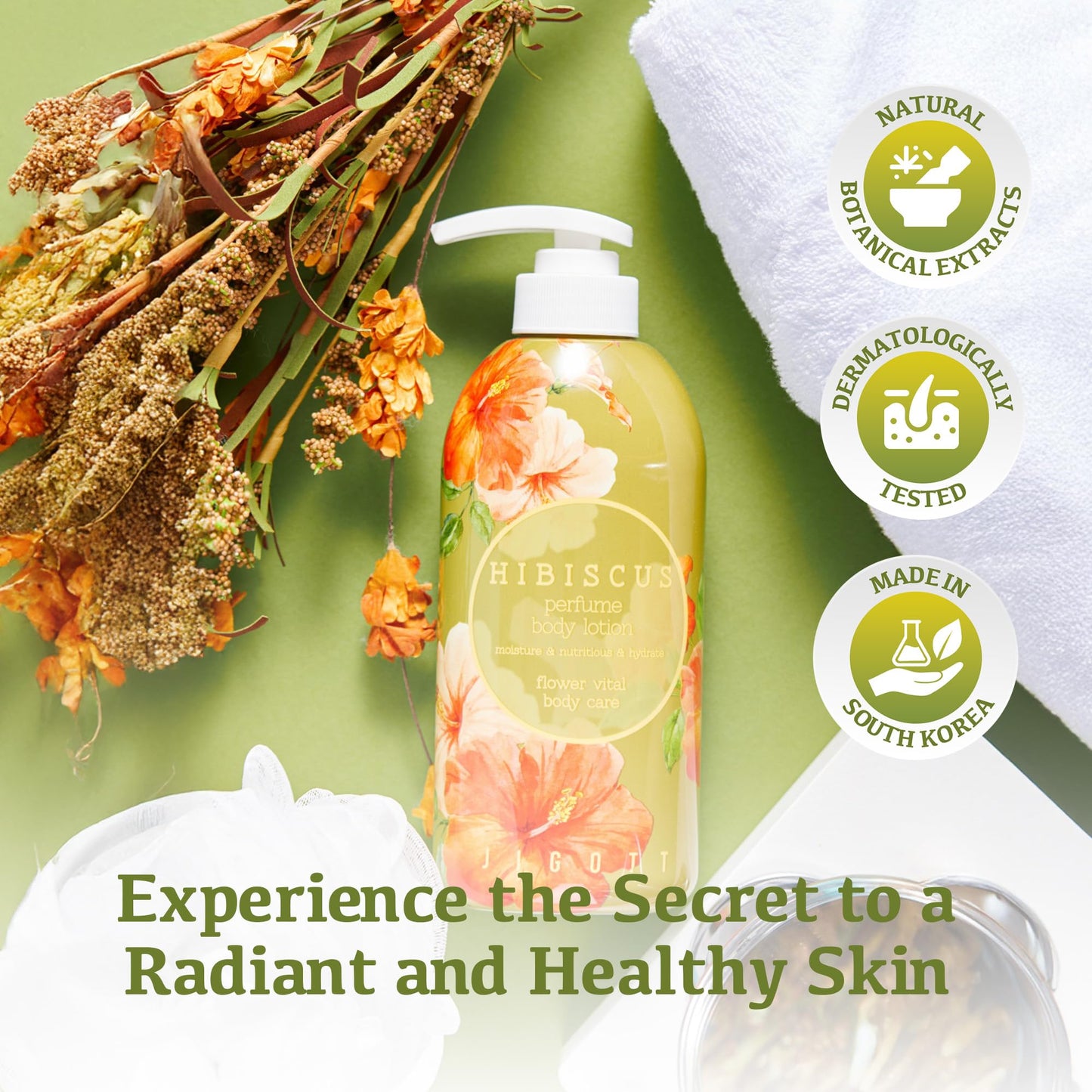 Jigott - Hibiscus Perfume Body Lotion 16.9 FL OZ/500ml, Korean Beauty Skincare Product, Hydrating & Nourishing Daily Moisturizer for Soft Skin.