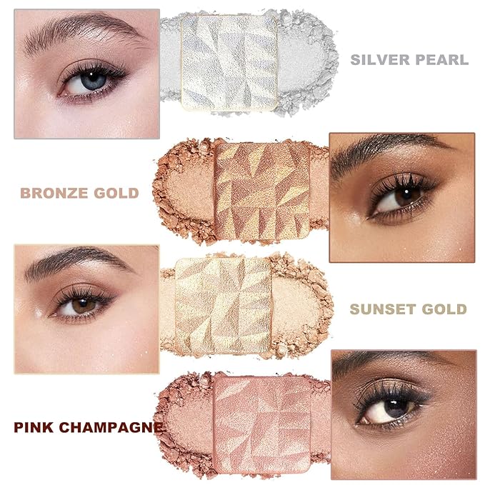 4 Colors Diamond Shimmering Powder, High Glossy Face Highlighter Eyeshadow