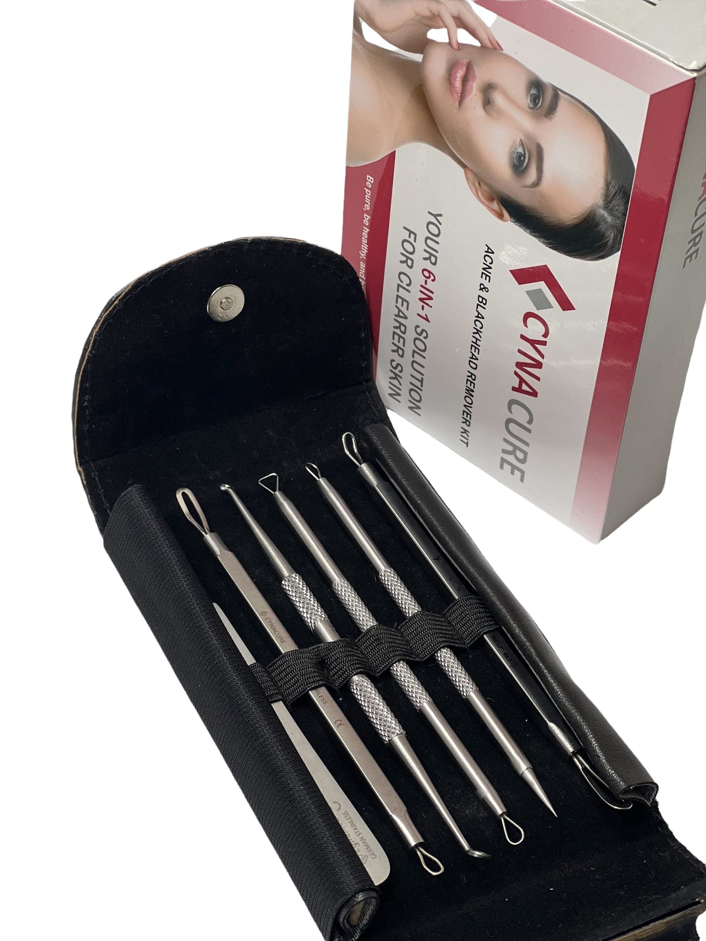 German Stainless Professional Set of 6- Blackhead Remover Comedones Extractor Acne Removal Kit for Blemish,Whitehead Popping, Zit Removing for Nose Face Tools-Blackhead Removal w/Zipper Leather case
