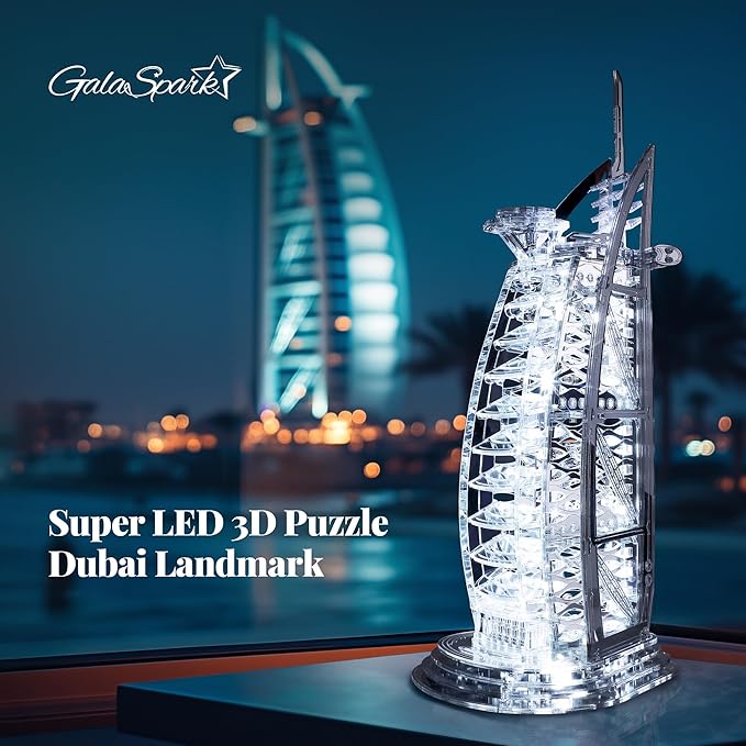 3D Puzzle Burj Al Arab Building Model Kit, DIY Dubai Landmark Building Model with LED Light, Home Decor Festival Gift for Adults & Children 100PCS (Silver)