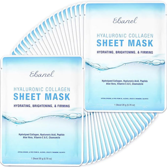 Ebanel 40 Pack Collagen Face Mask with Hyaluronic Acid, Vitamin C, Peptide, Aloe, Instant Brightening Hydrating Face Masks Skincare Korean Sheet Mask, Skin Firming, Lifting Anti Aging Facial Masks