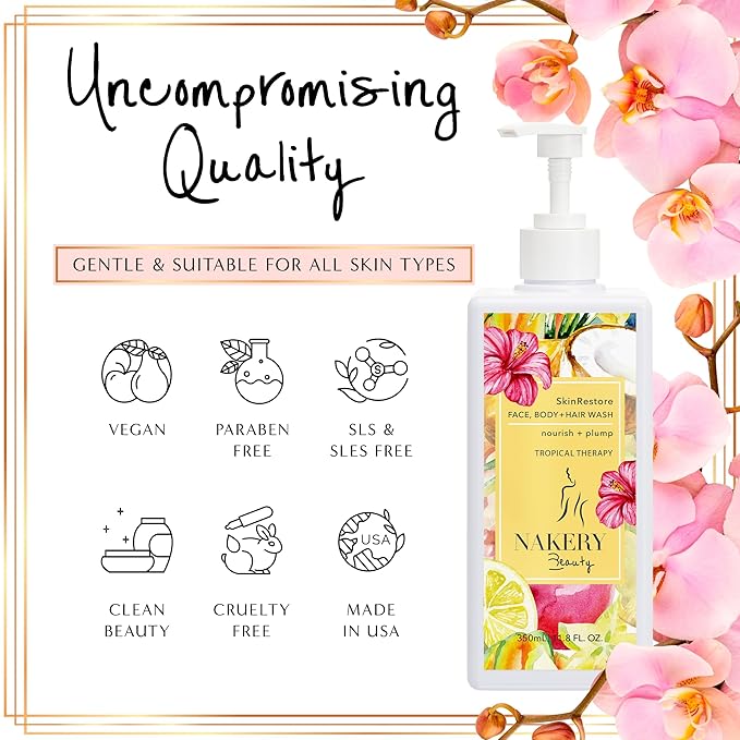Nakery SkinRestore Hydrating Face & Body Wash with Hyaluronic Acid - Body Wash for Sensitive Skin - Foaming Face Wash & Oil Cleanser for Women 350ml - Sulfate Free & Cruelty Free - Tropical Threrapy