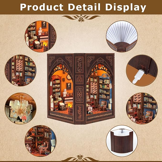 Book Nook Kit for Adults and Teens – DIY 3D Wooden Dollhouse Puzzle with LED Light, Mark Twain’s Library Miniature House Bookshelf Insert Decor